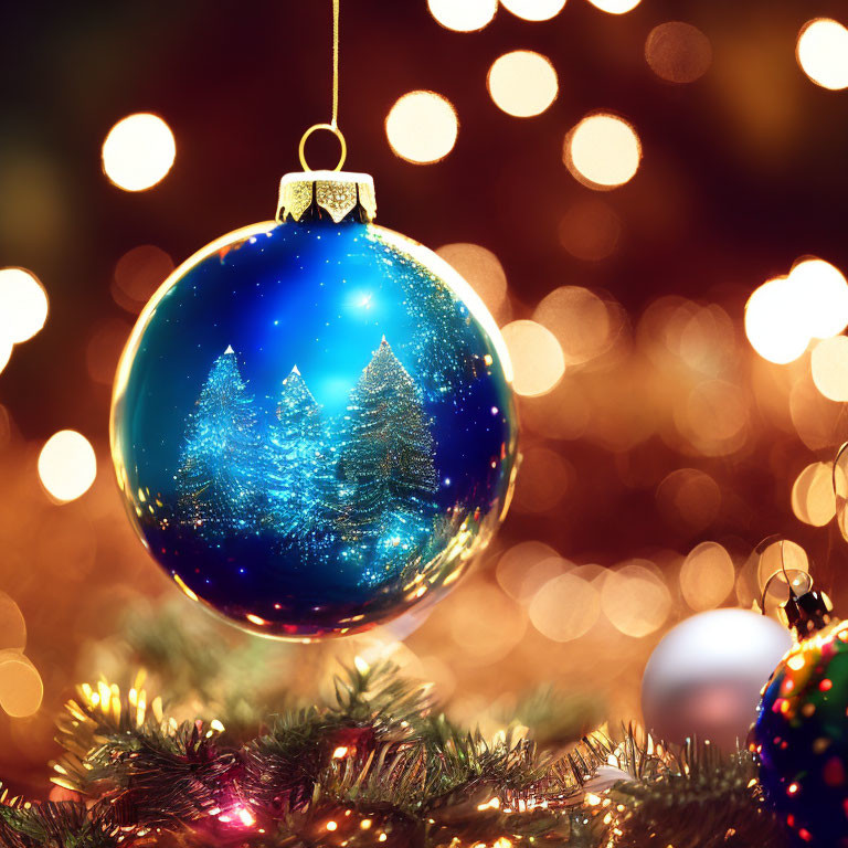 Close-up Christmas Ornament with Night Sky and Trees on Golden Bokeh Background