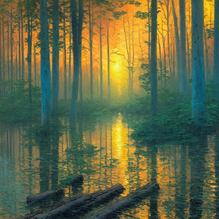 Tranquil forest landscape with tall trees reflected in calm waters