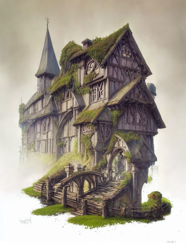 Fantasy cottage with ivy-covered roof, wooden bridge, and spire