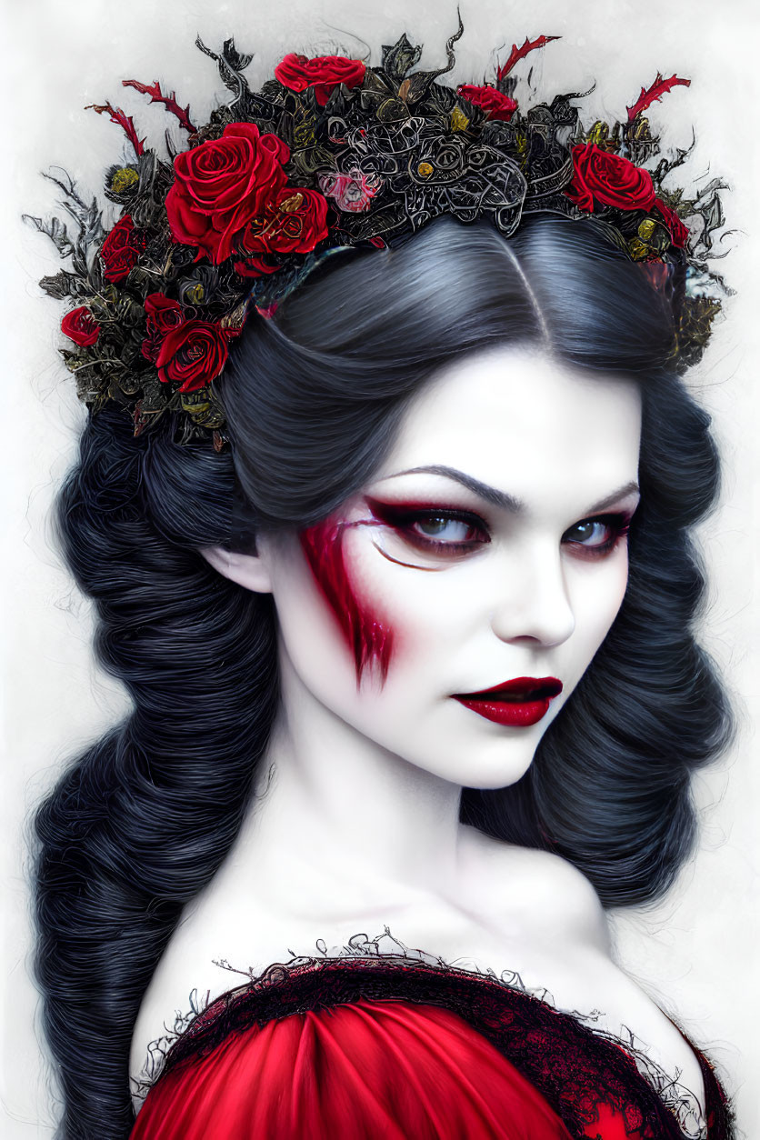 Portrait of woman with pale skin, dark hair, red makeup, and rose & metal crown.