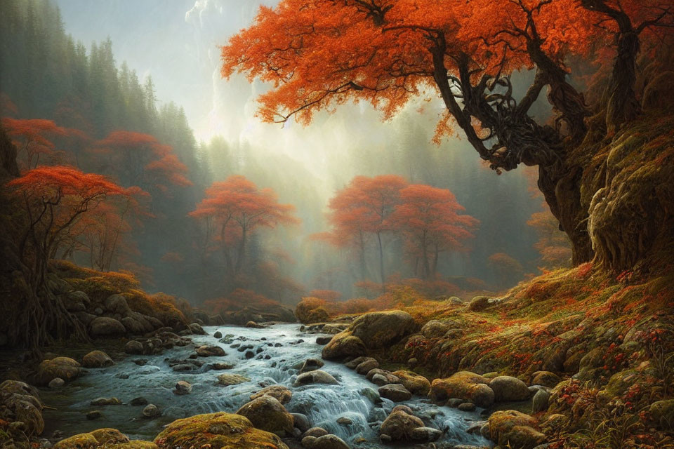 Tranquil forest landscape with babbling brook and orange-leafed trees