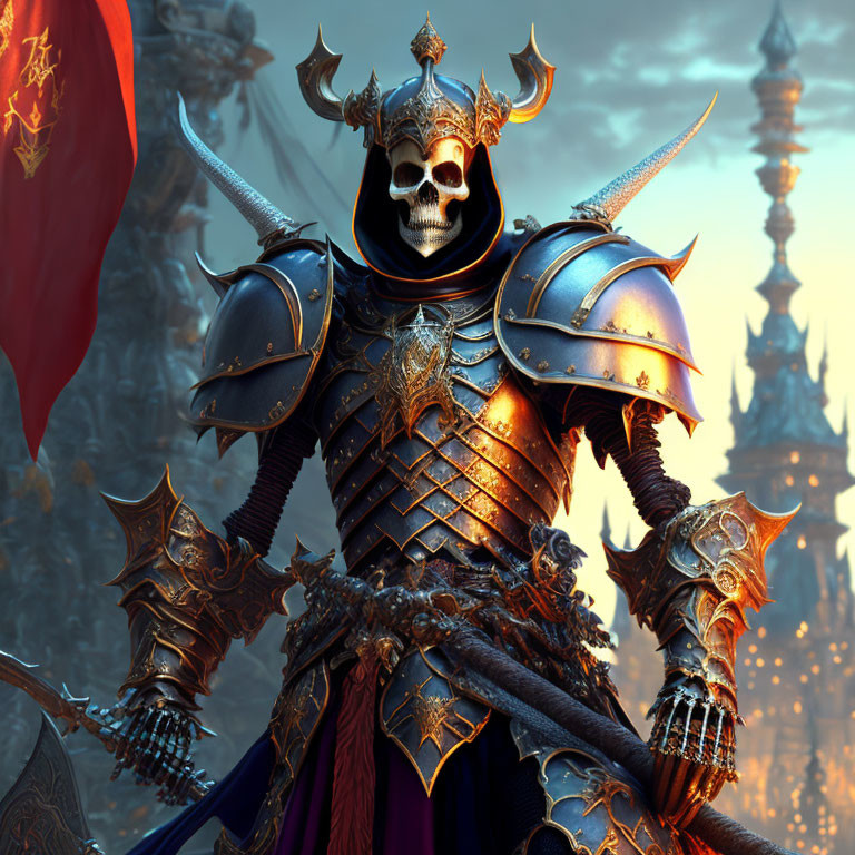 Armored Figure with Skull Helmet and Sword in Gothic Castle Setting