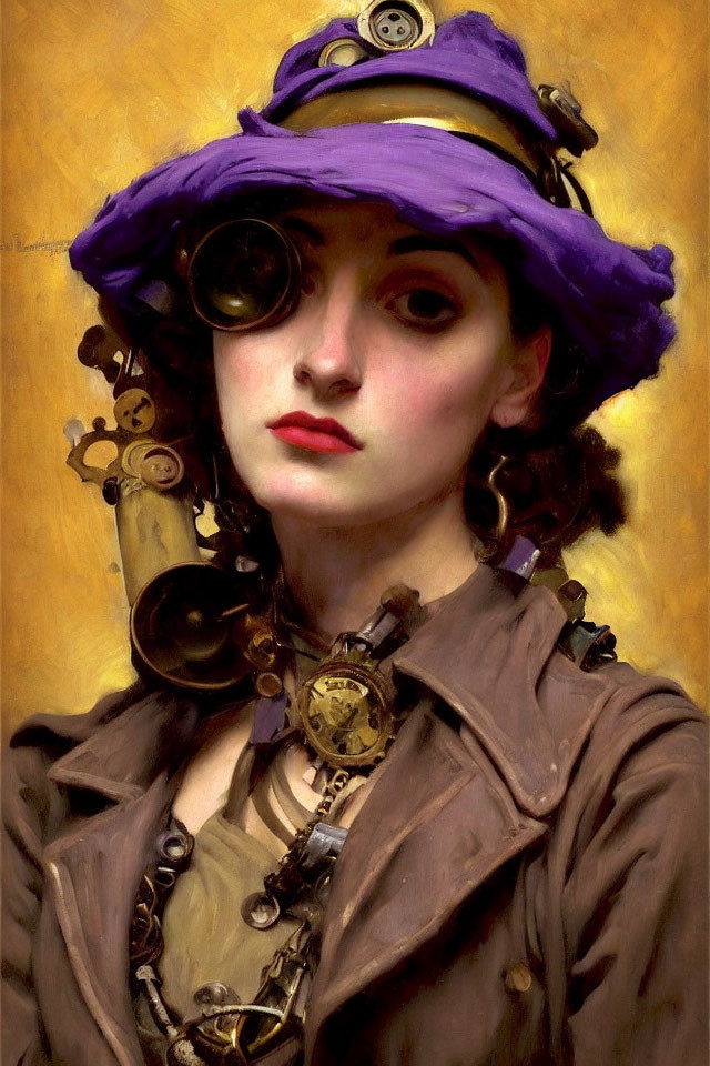 Steampunk-themed portrait of woman with goggles and purple hat