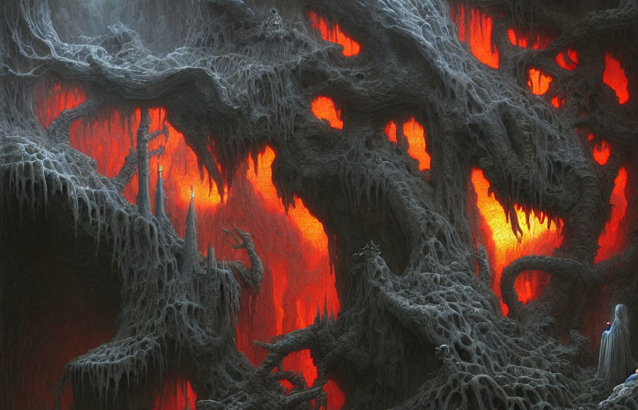 Fantastical cave with glowing red lava and eerie tree-like structures