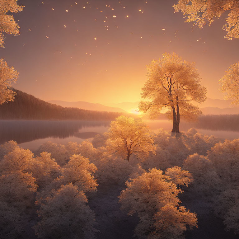 Tranquil sunset landscape with glowing sun, starry sky, silhouetted tree, and