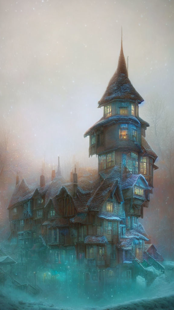 Towering whimsical structure in misty glow with falling snowflakes