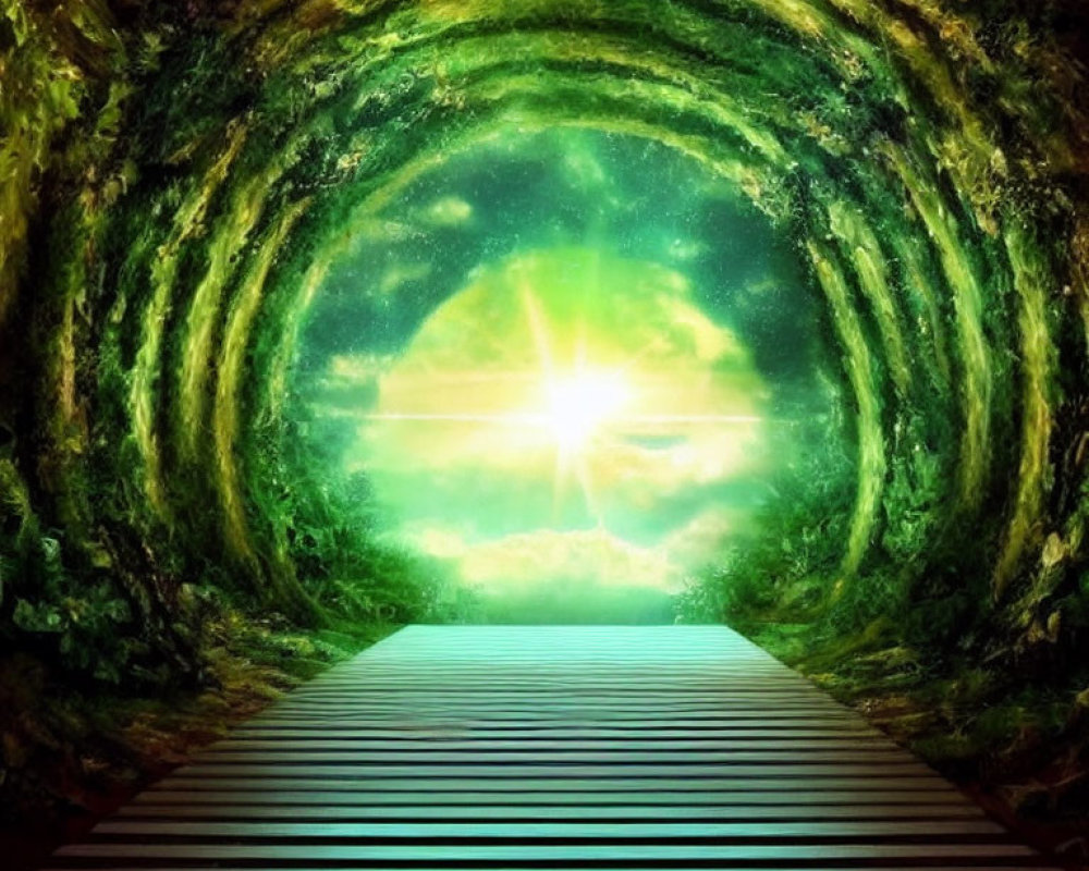 Circular moss-covered tunnel with striped platform leading to celestial light