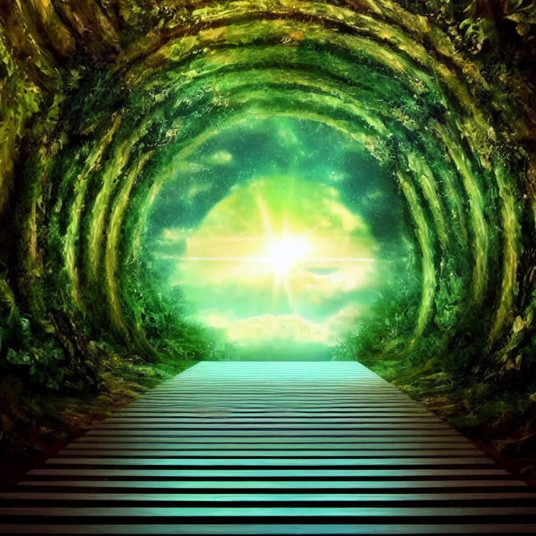 Circular moss-covered tunnel with striped platform leading to celestial light