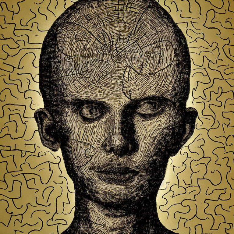 Illustrated bald figure with transparent cranium showcasing maze-like brain on patterned backdrop