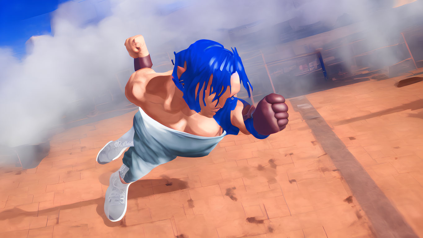 Blue-haired animated character in martial arts attire executes powerful punch against cloudy sky.