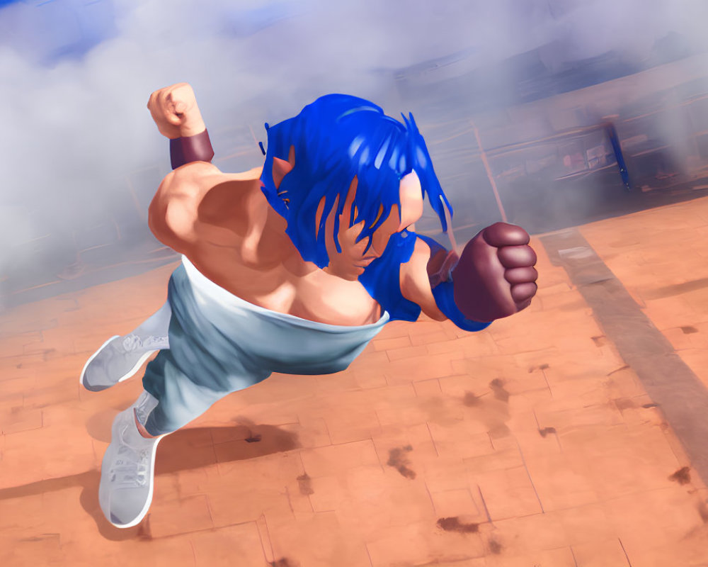 Blue-haired animated character in martial arts attire executes powerful punch against cloudy sky.