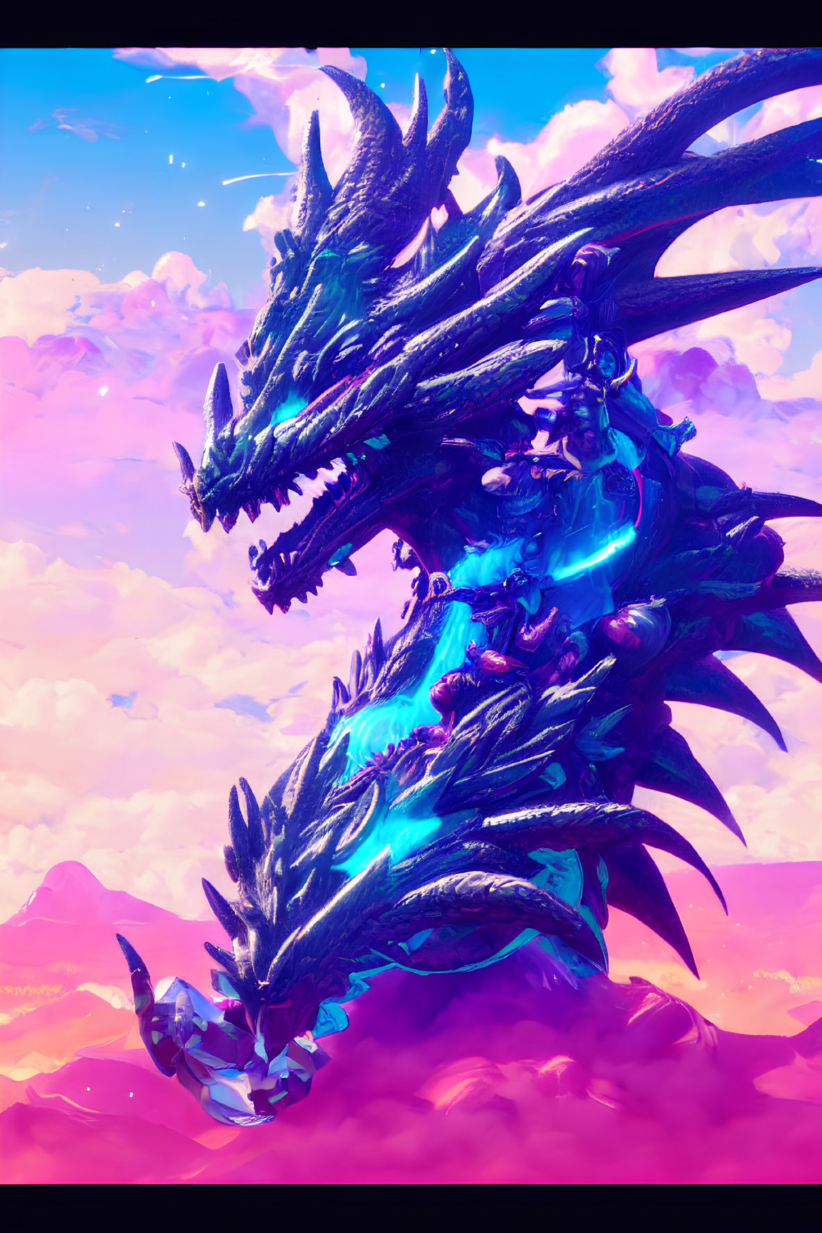 Digital Artwork: Fierce Multi-Headed Dragon in Blue Glow on Pink and Purple Sky