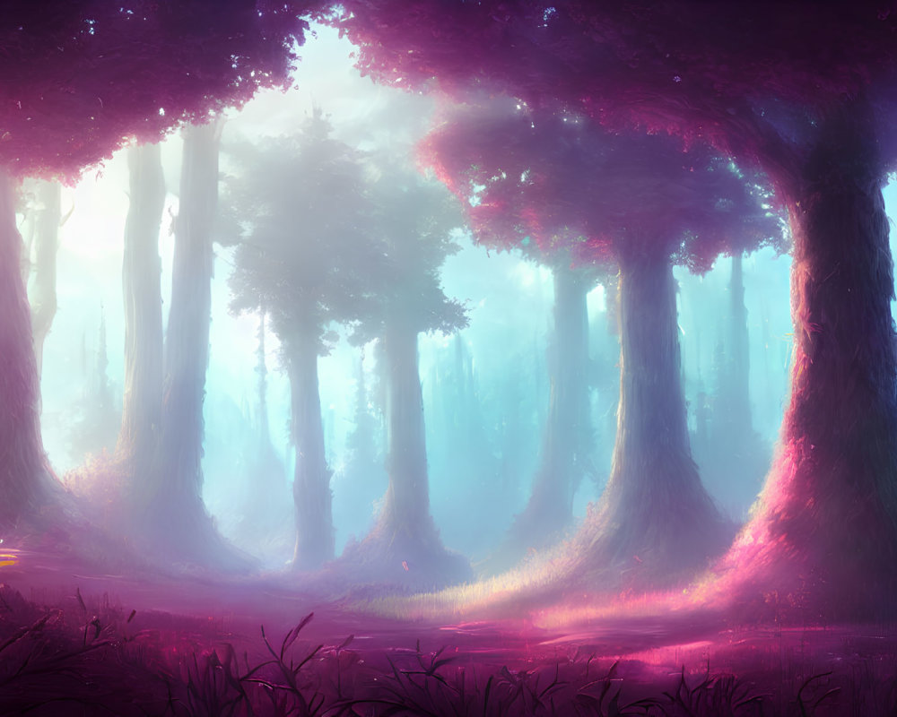 Enchanting forest scene with purple and pink hues, towering trees, and ethereal light.