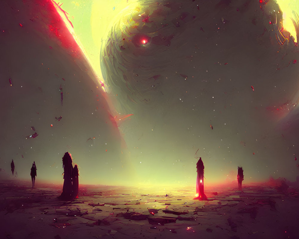 Surreal landscape with figures under a green-lit sky and cosmic anomalies