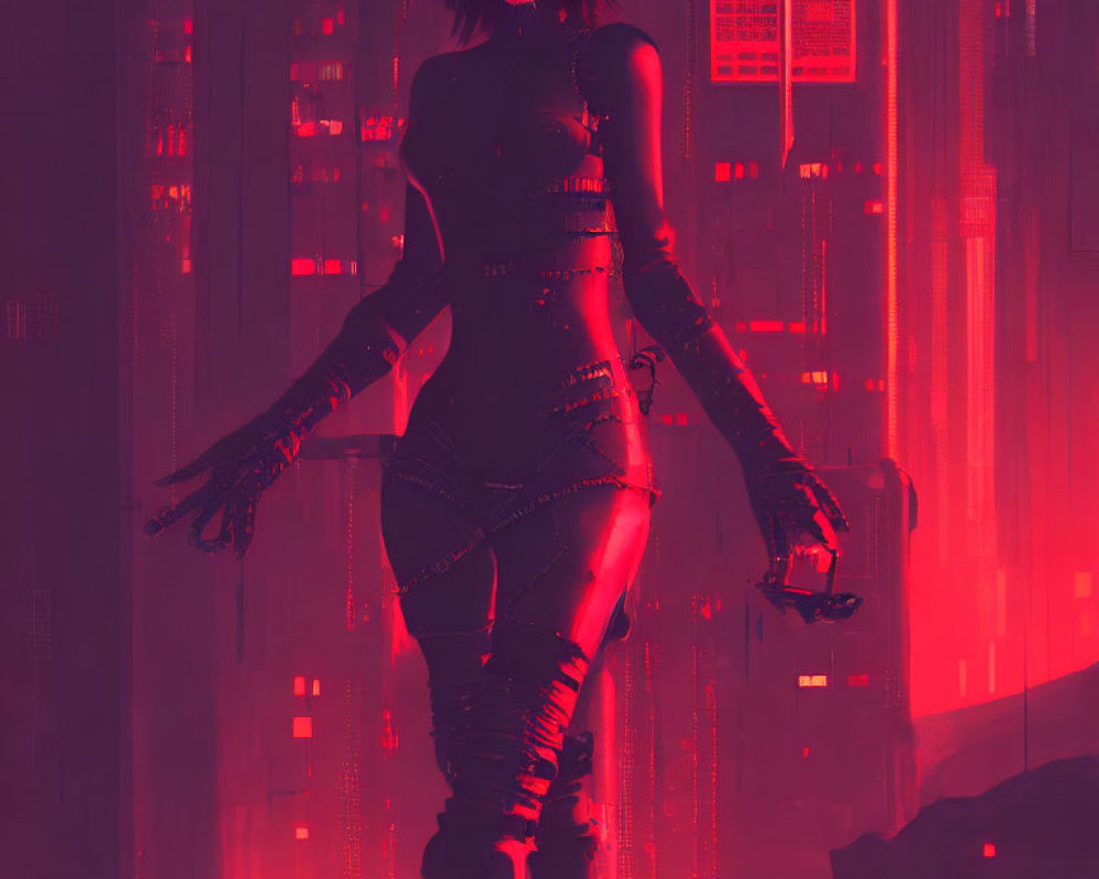 Futuristic cyberpunk female character with cybernetic limbs in neon-lit city