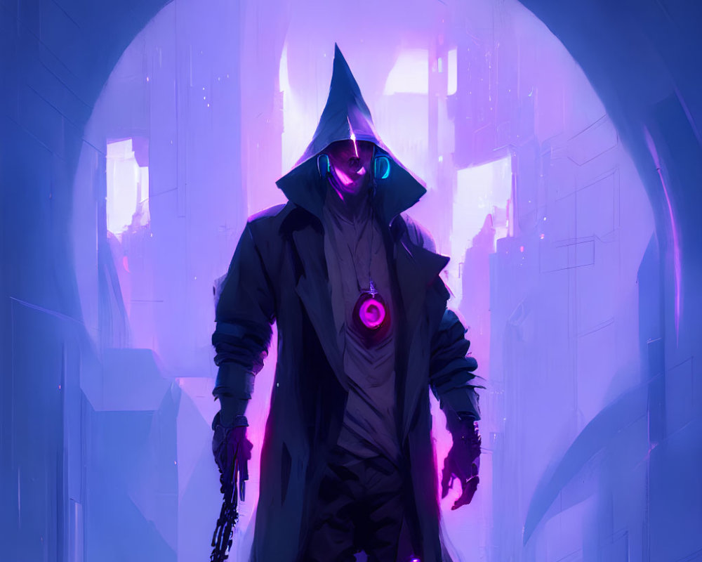 Hooded figure with glowing eyes in futuristic cityscape holding rifle and bottle