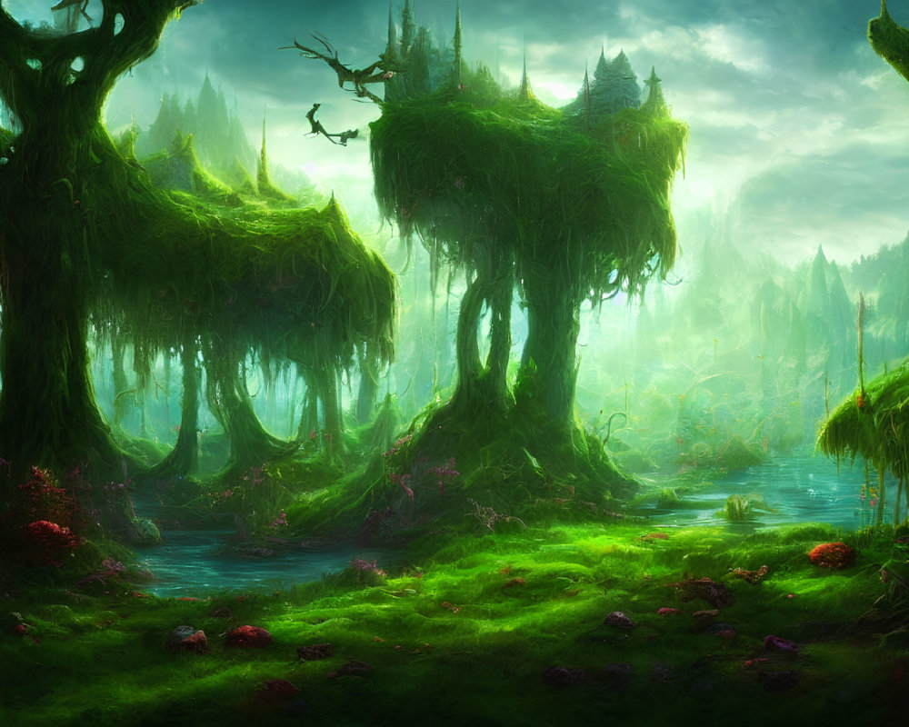 Ethereal green forest with moss-covered trees and serene river