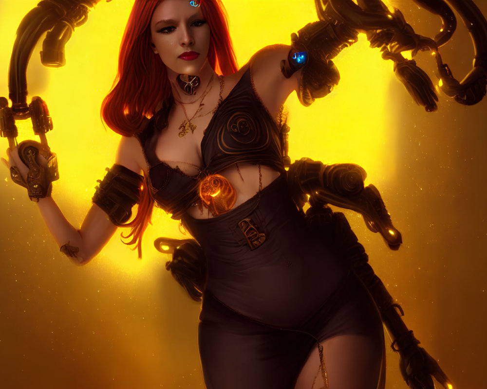 Stylized image of woman with red hair and cybernetic arms in futuristic setting