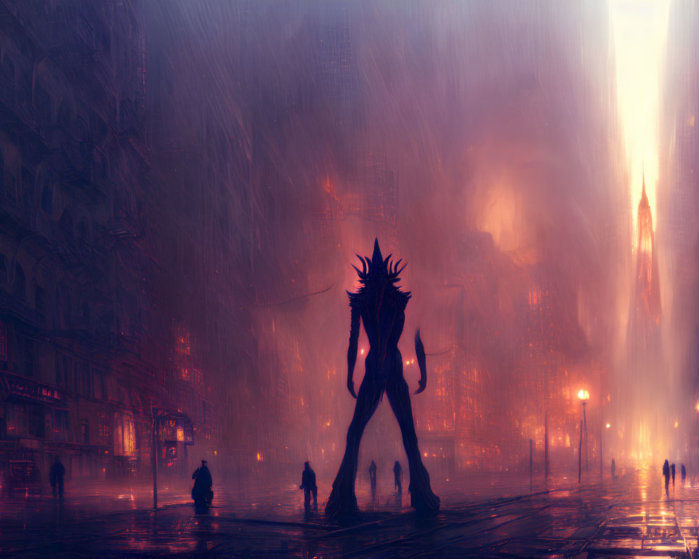 Silhouette with Spiky Hair in Rainy Cyberpunk Cityscape