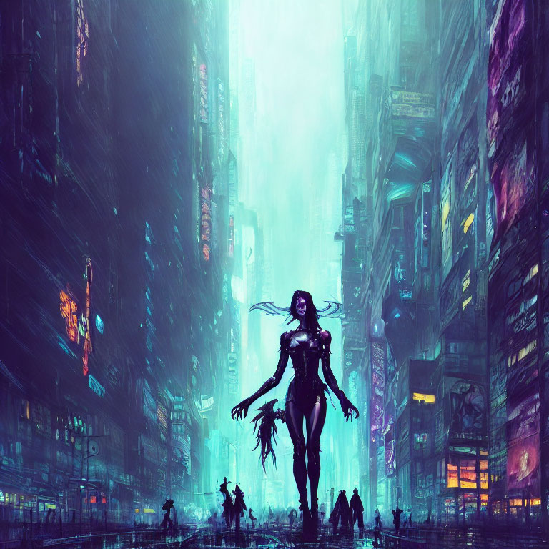 Silhouetted figure in futuristic neon-lit cyberpunk cityscape