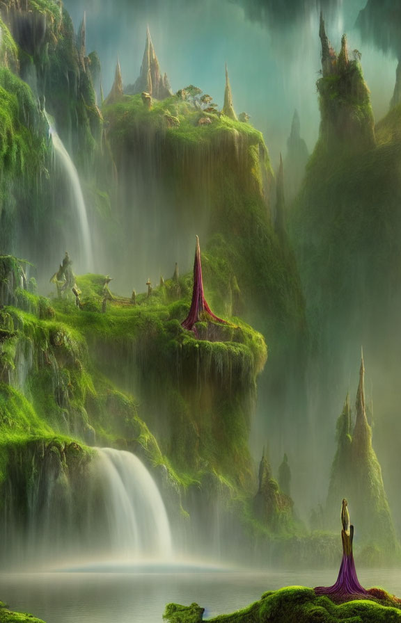 Mystical landscape with waterfalls, spires, cloaked figure, and serene lake