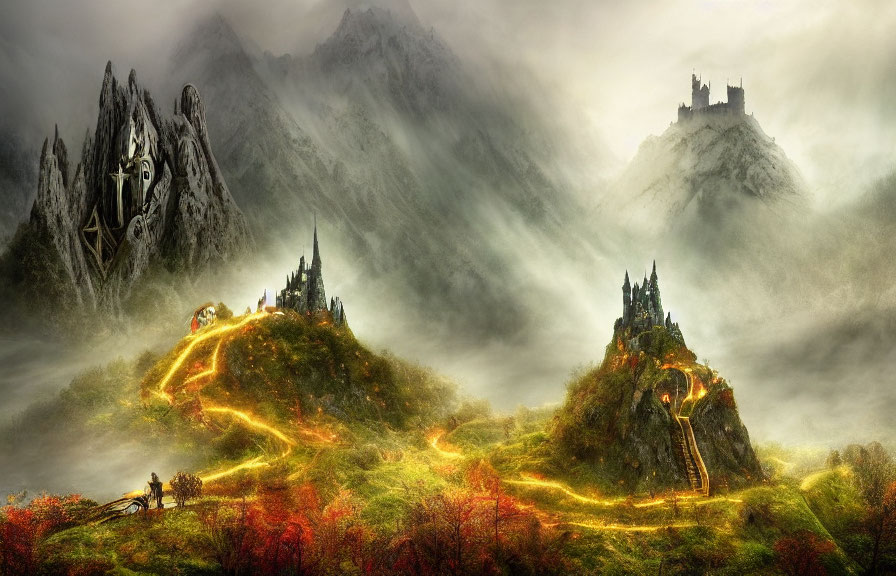 Fantasy landscape with illuminated paths and towering castles in misty mountains.