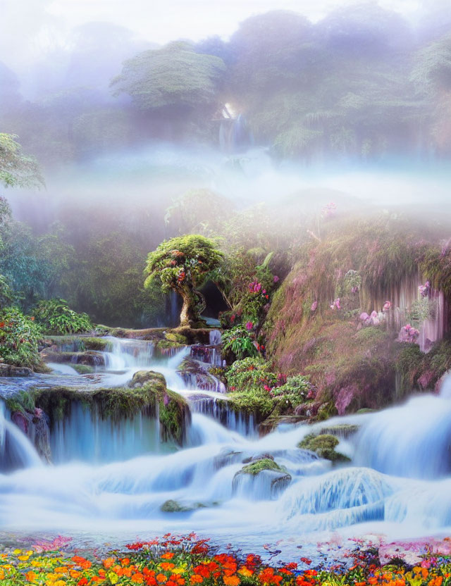 Mystical landscape with waterfalls, lush greenery, twisted tree, flowers, and mist