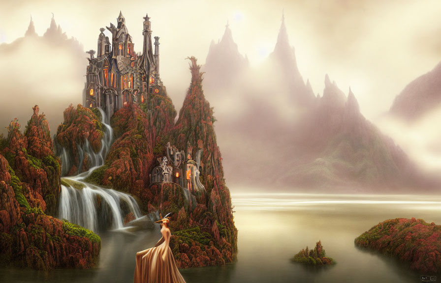 Woman in flowing dress with grand castle on waterfall in mystical landscape