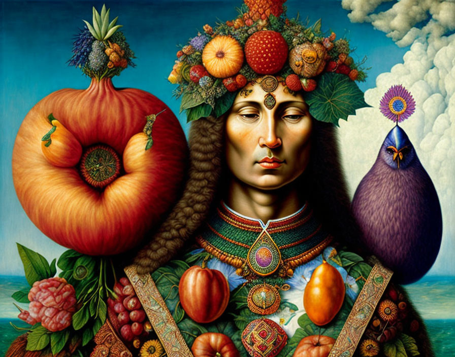 Colorful surreal portrait with fruits, vegetables, and peacock feather