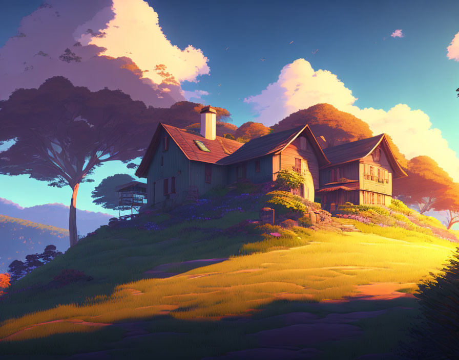 Tranquil digital artwork of cozy house in lush, hilly landscape