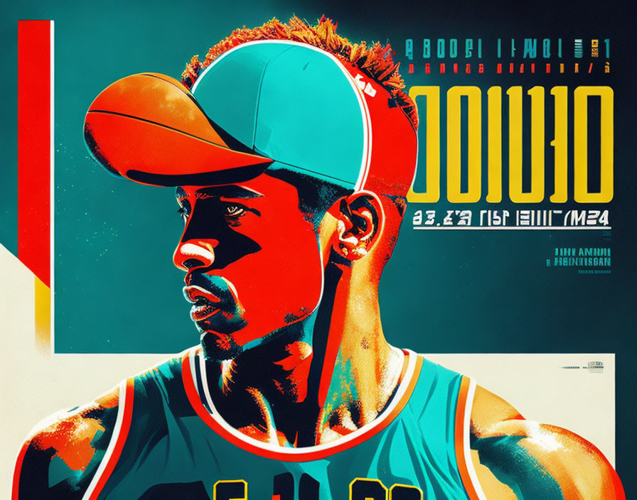 Stylized graphic portrait of basketball player in cap and jersey on vibrant background