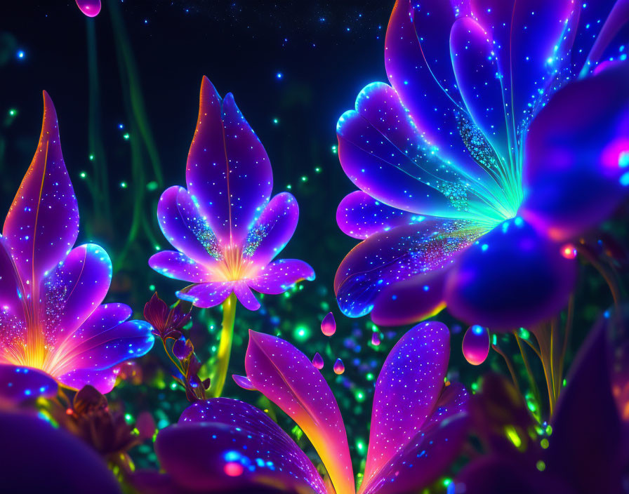 Vibrant neon flowers in fantasy landscape with star-like particles