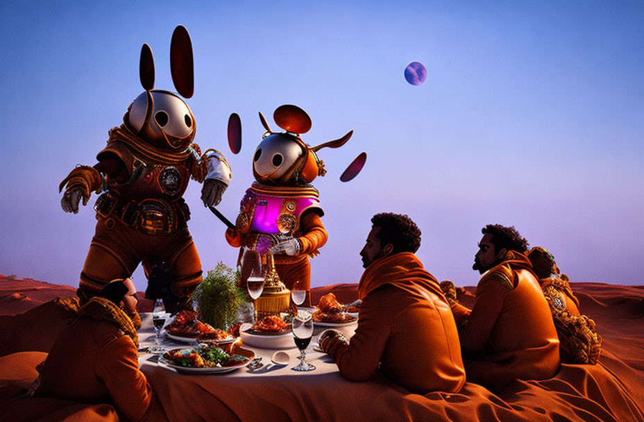 Astronauts in rabbit helmets at dinner on sandy terrain