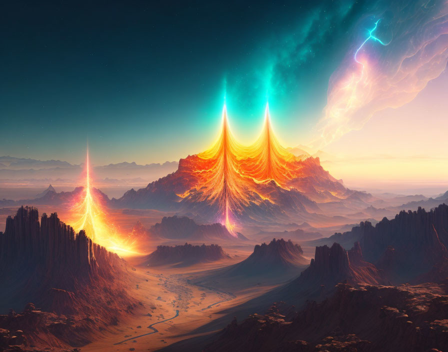 Fantastical landscape with twin glowing mountains under starry sky