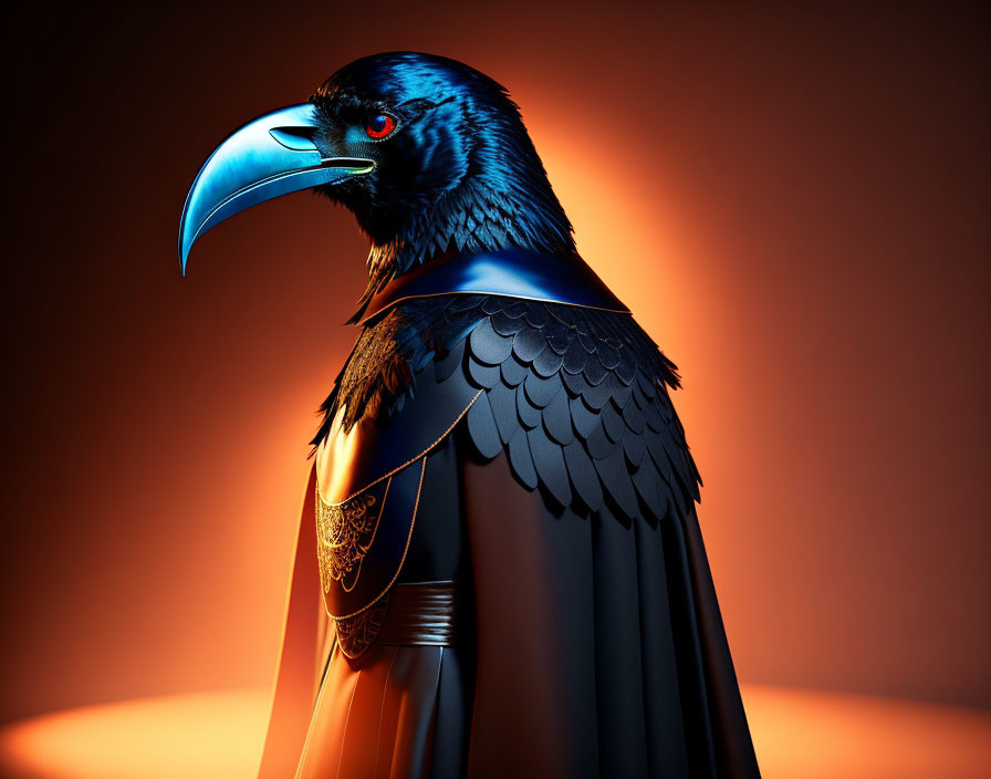 Stylized Raven in Human Posture with Gold Cloak on Orange Background