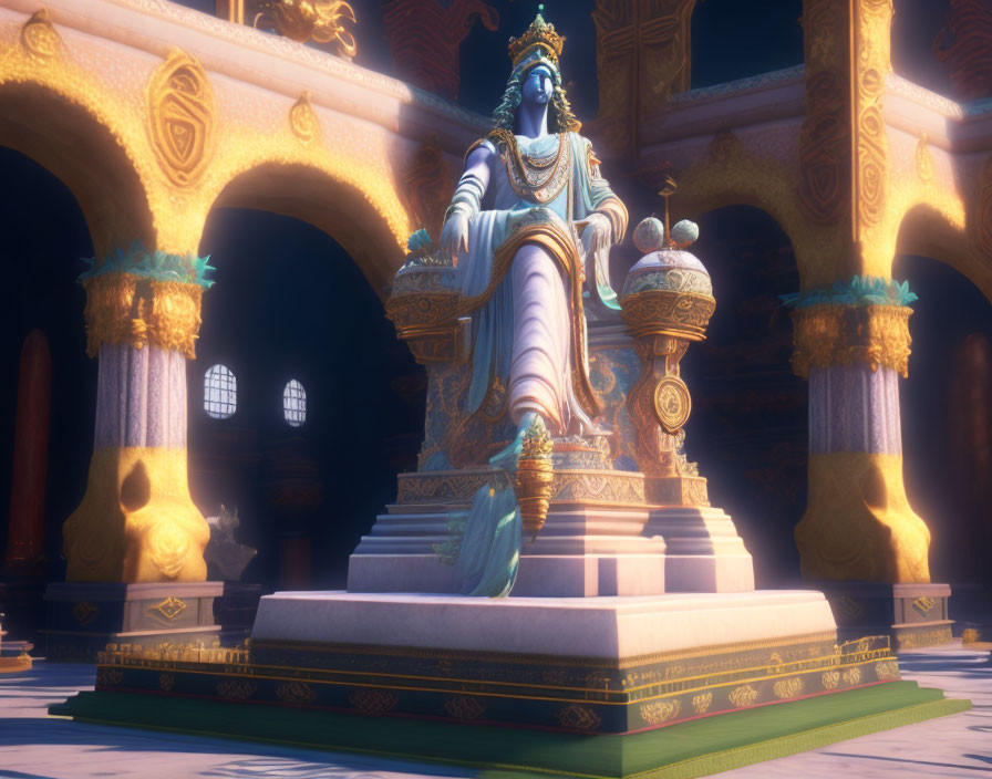 Blue deity statue in opulent hall with golden pillars