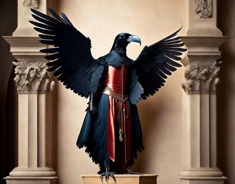 Black eagle in red and gold garment on pedestal with classical column backdrop