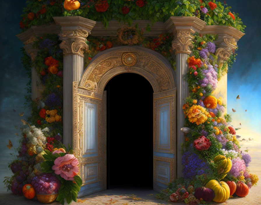 Ornate open doorway with fruits and pumpkins under twilight sky