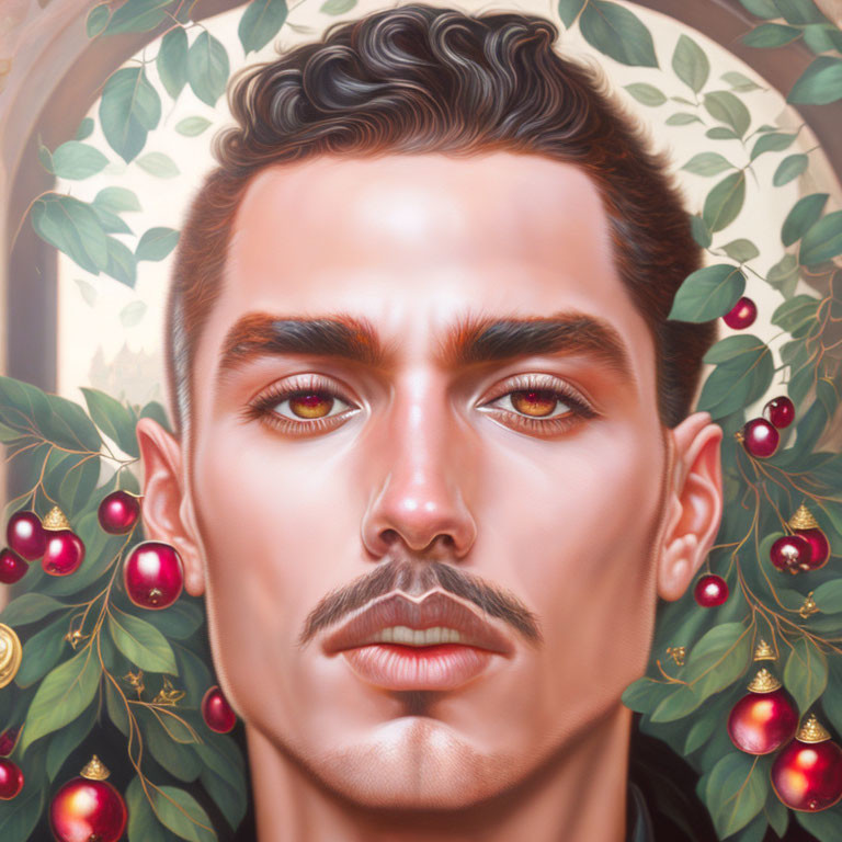 Hyperrealistic Digital Portrait of Man Surrounded by Festive Greenery and Red Berries