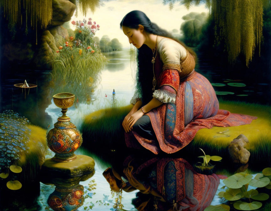 Traditional Attire Woman Painting by Tranquil Pond