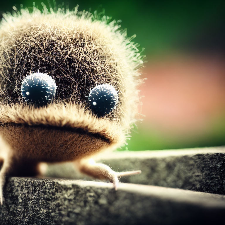 Whimsical fuzzy creature with large sparkling eyes on green background