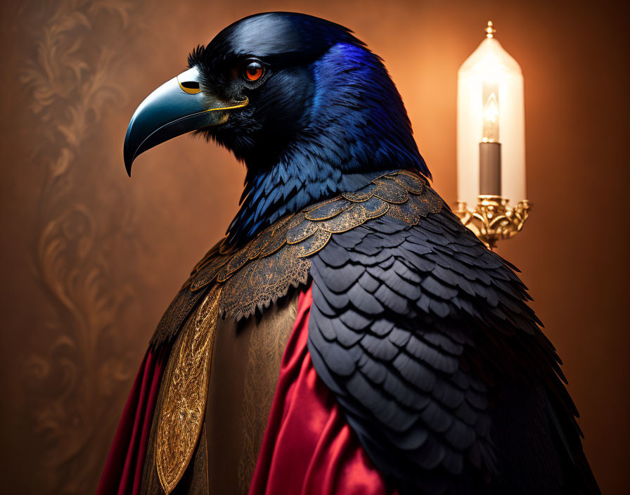 Raven with human-like features in regal cape near lit candle sconce