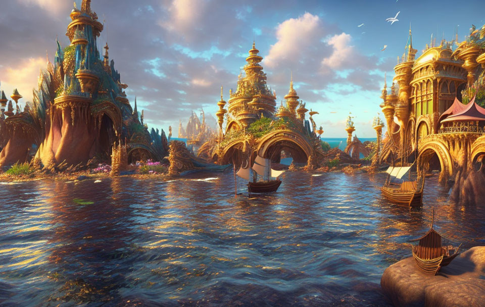 Fantastical City with Golden Spires and Elaborate Bridges