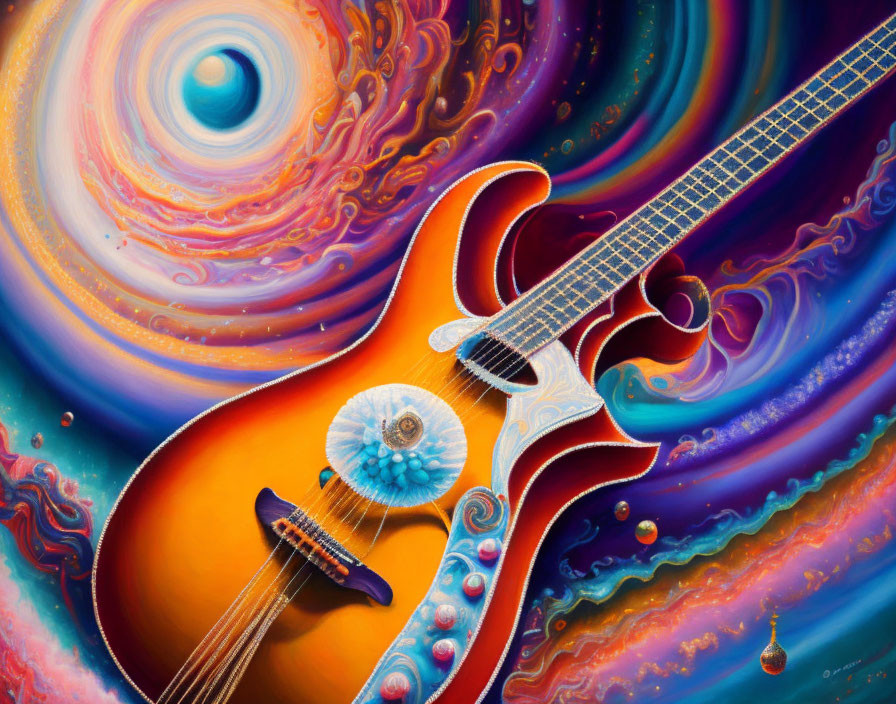 Vibrant surreal painting of an acoustic guitar with cosmic elements