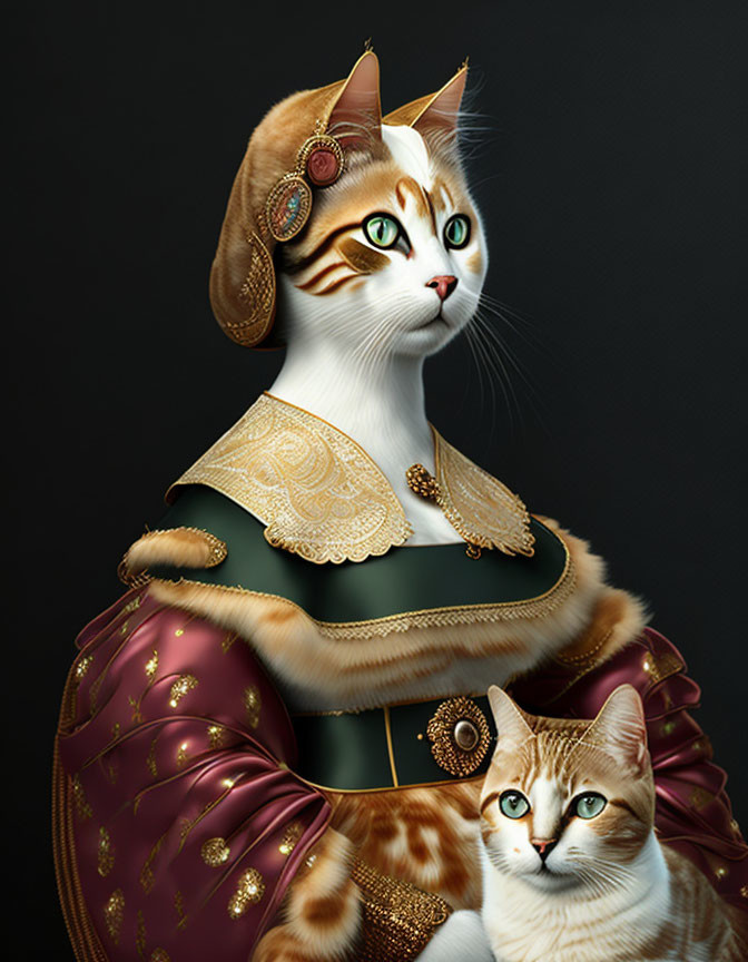 Digital artwork featuring two cats in royal attire - one in dark green dress with gold accents, the other