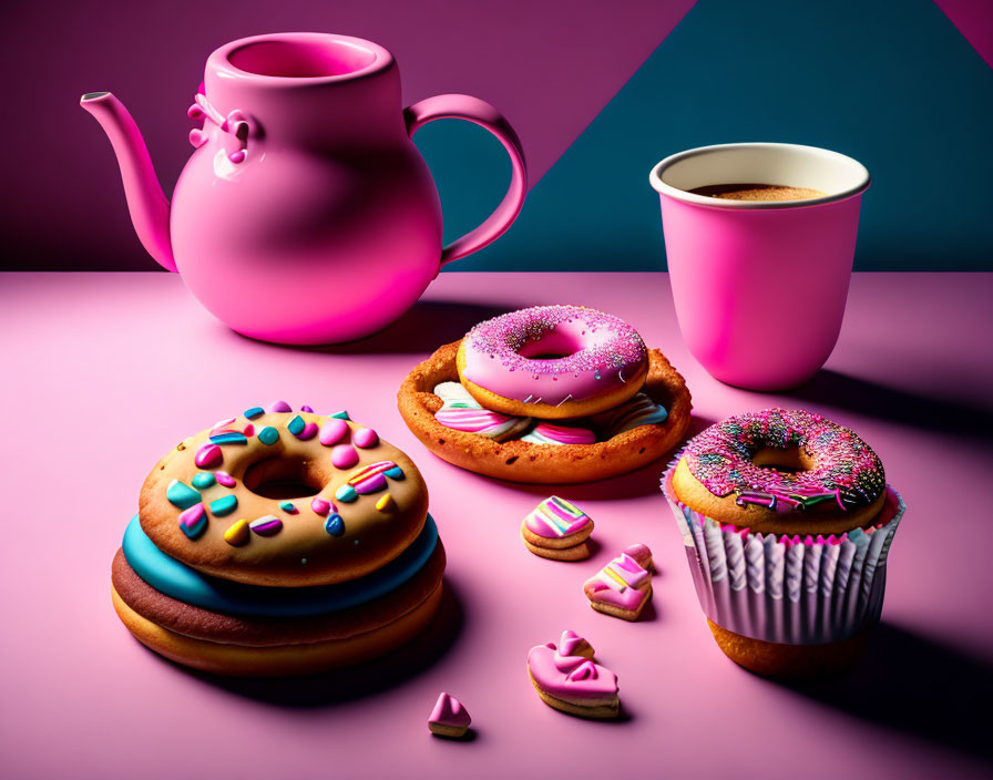 Colorful Still Life with Pink Teapot, Coffee Cup, Donuts, Cupcake, and Candy