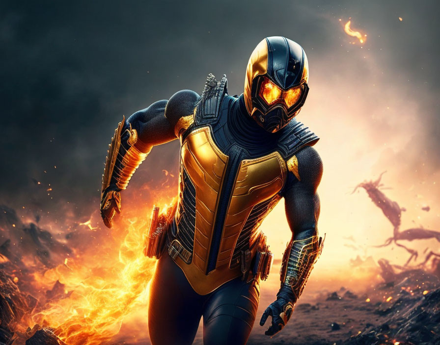 Futuristic black and gold suit hero amid fiery destruction