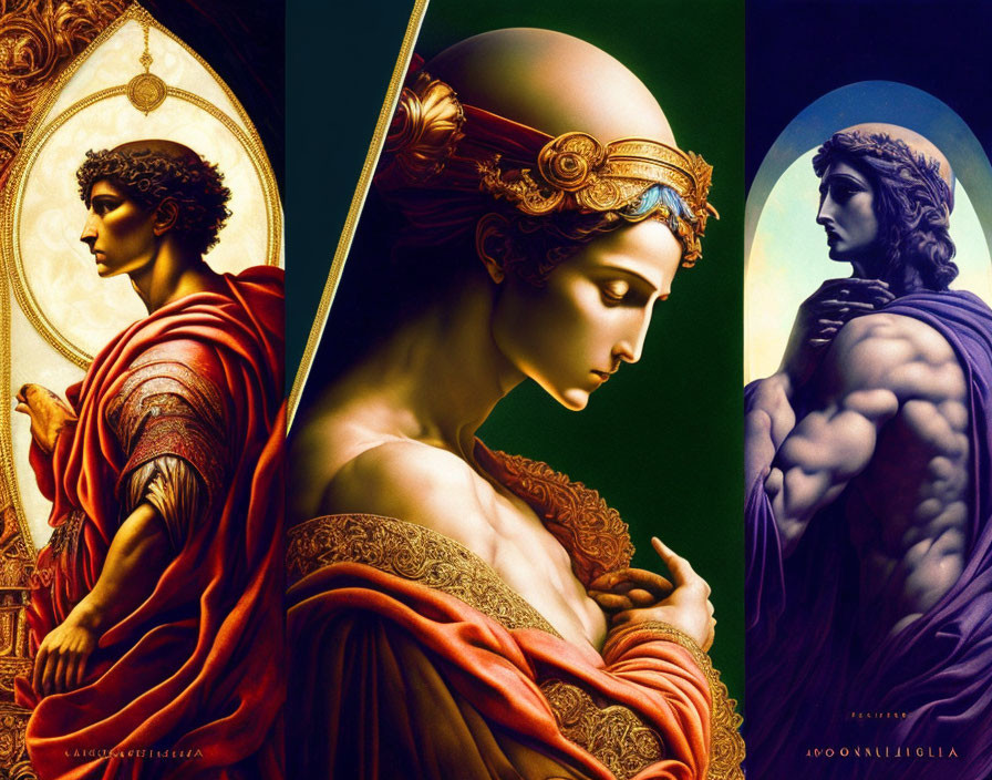 Stylized portraits in rich colors of figures with classical beauty