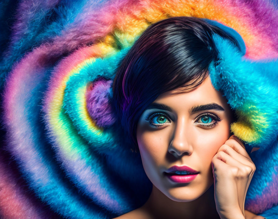 Colorful makeup and fur halo around woman's face