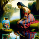 Traditional Attire Woman Painting by Tranquil Pond